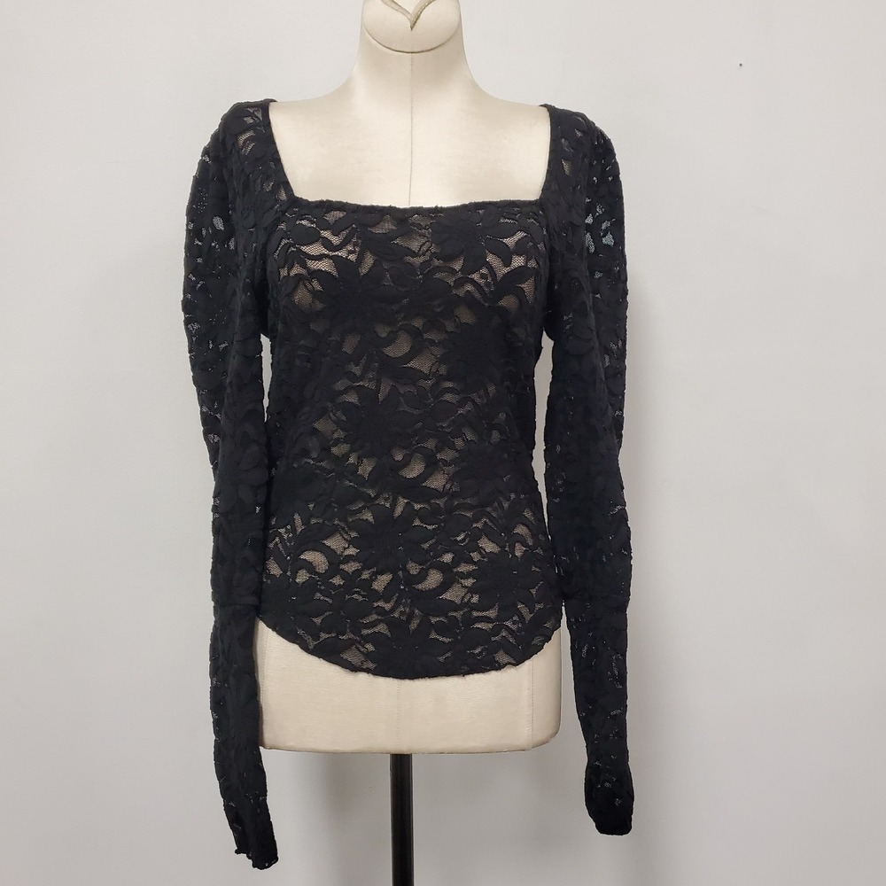 Intimately Free People Womens Crochet Square Neck Lacey Top Size M Black Sheer